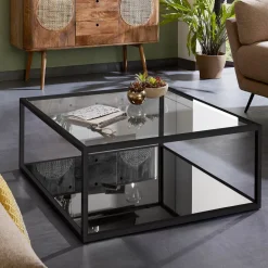 Kave Home Vierkante Salontafel|Glazen Salontafel|Salontafel Blackhill Glas met zwart frame
