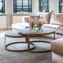 Richmond Interiors Salontafel Set|Ronde Salontafel|Salontafel Bloomingville Segrijn / Mat , Set van 2 stuks Goud