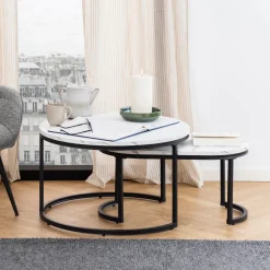 Bendt Salontafel Set|Ronde Salontafel|Salontafel Flemming Set van 2 stuks, Marmerlook, kleur Wit