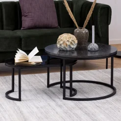 Bendt Salontafel Set|Glazen Salontafel|Salontafel Flemming Set van 2 stuks, Marmerlook en glas, kleur zwart Grijs