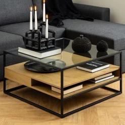 Bendt Vierkante Salontafel|Glazen Salontafel|Salontafel Maikel Eiken en glas, 80 x 80cm Transparant