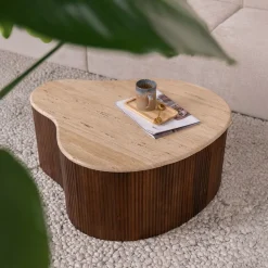 Eleonora Travertin Salontafel|Organische Salontafel|Salontafel Mari Organisch, Mangohout en Travertin (per stuk) Bruin