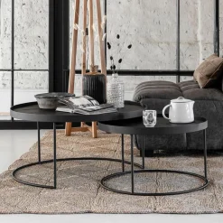 DTP Home Salontafel Set|Ronde Salontafel|Salontafel Mercurius Teakhout, Set van 2 stuks, kleur Zwart