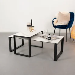 Sohome Salontafel Set|Salontafel Parker Set van 2 stuks, Keramiek met marmerlook, kleur Wit