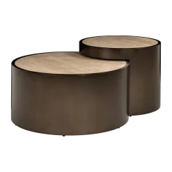 Richmond Interiors Salontafel Set|Ronde Salontafel|Salontafel Ronson Travertinlook / Brons, Set van 2 stuks Beige