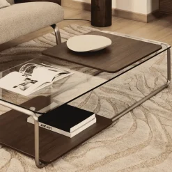 Kave Home Glazen Salontafel|Salontafel Tarsel Glas en walnootfineer, 140 x 60cm Bruin