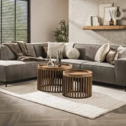 LifestyleFurn Salontafel Set|Ronde Salontafel|Salontafel Twiggy Mangohout, Set van 2 stuks Massief mango zandkleur