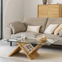Kave Home Glazen Salontafel|Salontafel Waley Eiken met glasplaat, 120 x 70cm