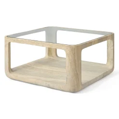 Jesper Home Vierkante Salontafel|Salontafel Yobeko Travertinlook en glas, 80 x 80cm