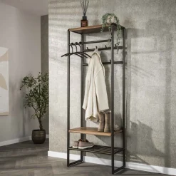 LifestyleFurn Staande Kapstokken|Staande Kapstok Karalynn Met haken en roede, Eikenlook en staal Drift brown
