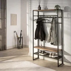 LifestyleFurn Staande Kapstokken|Staande Kapstok Karalynn Met haken en roede, Eikenlook en staal Drift brown