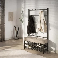LifestyleFurn Staande Kapstokken|Staande Kapstok Karalynn Met 11 haken en bankje, Stof en staal