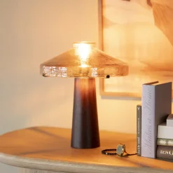 By-Boo Tafellampen|Tafellamp Dome Hout en glas, 35cm hoog Bruin