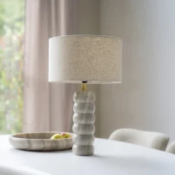 By-Boo Tafellampen|Tafellamp Patron Marmer en Linnen, 55cm Beige