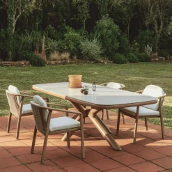 Kave Home Eettafels Voor In Je Tuin|Tuintafel Mirtia Gesinterde steen en houtlook, 240 x 110cm Beige