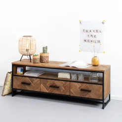 Livingfurn Tv-Meubel Hout|TV-meubel Accent Visgraat Teak en staal