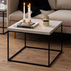 Bendt Vierkante Salontafel|Travertin Salontafel|Vierkante Salontafel Maresa Travertine-look, 60 x 60cm Beige