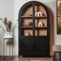 Tower Living Buffetkasten & Vitrinekasten|Vitrinekast Rotondi Mangohout en eikenfineer, 220 x 120cm, kleur Zwart