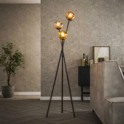LifestyleFurn Vloerlampen|Vloerlamp Shahid Glas, 3-lamps Artic zwart