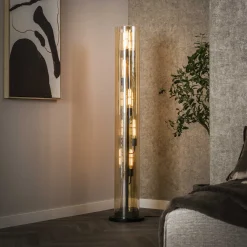 LifestyleFurn Vloerlampen|Vloerlamp Wessley Amber glas en Artic black, 5-lamps Artic zwart