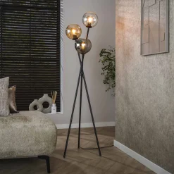 LifestyleFurn Vloerlampen|Vloerlamp Willaim 3-lamps, kleur Chroom, Amber en Grijs Artic zwart