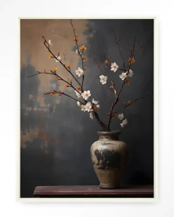 Urban Cotton Wandkleden|Wandkleed Dark Blossom Vase in maat en frame naar keuze