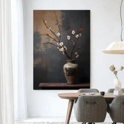 Urban Cotton Wandkleden|Wandkleed Dark Blossom Vase in maat en frame naar keuze