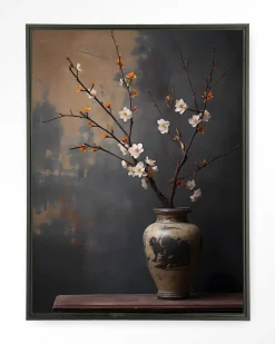 Urban Cotton Wandkleden|Wandkleed Dark Blossom Vase in maat en frame naar keuze