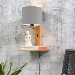GOOD&MOJO Wandlampen|Wandlamp Andes Naturel, Bamboe en Eco linnen, Met plank