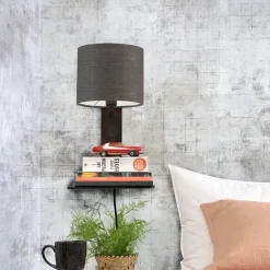 GOOD&MOJO Wandlampen|Wandlamp Andes Zwart, Bamboe en Eco linnen, Met plank