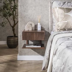 LifestyleFurn Nachtkastjes|Nachtkastjes|Zwevend Nachtkastje Alania Met 1 lade en legplank, Acaciahout Massief acacia bruin