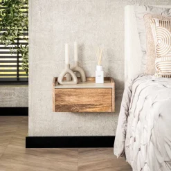 LifestyleFurn Nachtkastjes|Nachtkastjes|Zwevend Nachtkastje Beckie Mangohout en travertinlook, Met 1 lade Massief mango zandkleur