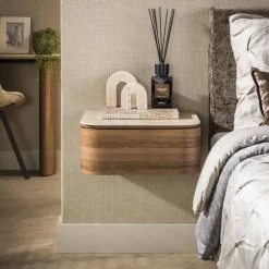 LifestyleFurn Nachtkastjes|Nachtkastjes|Zwevend Nachtkastje Nikka Eikenlook en travertinlook, Met 1 lade