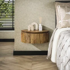 LifestyleFurn Nachtkastjes|Nachtkastjes|Zwevend Rond Nachtkastje Sharmila Mangohout, Met 1 lade Massief mango zandkleur